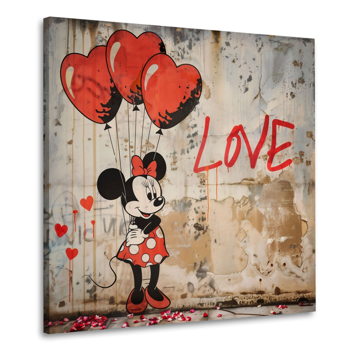 Wandbild Comicmaus mit roten Herzballons vor Vintage Wand mit Love