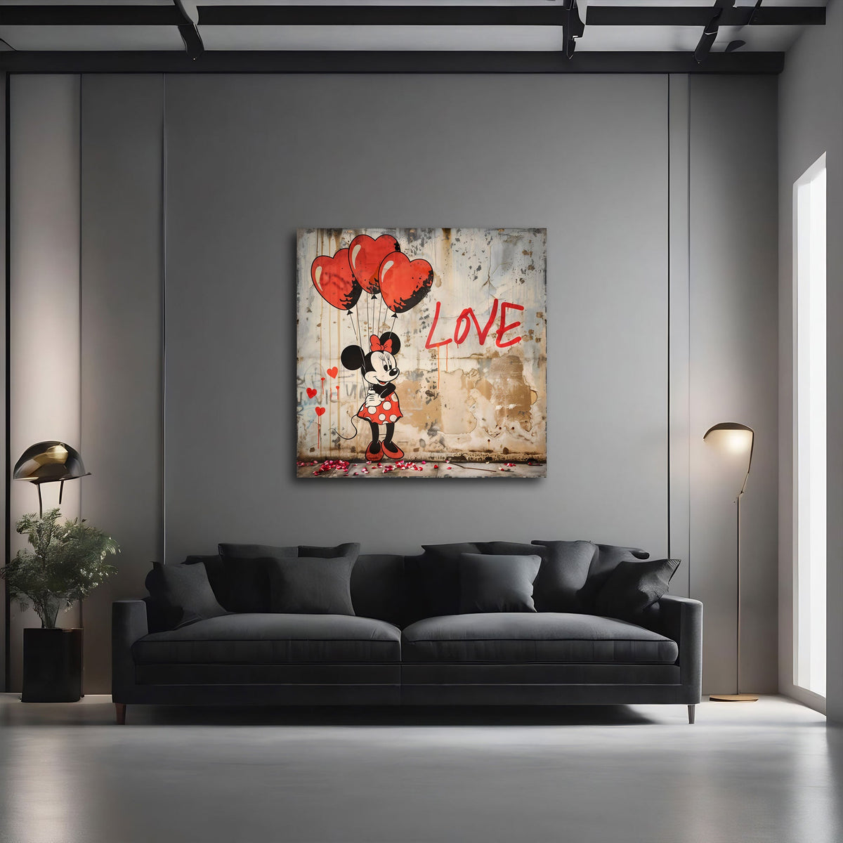 Detailansicht Wandbild mit roten Herzballons und Love Schriftzug