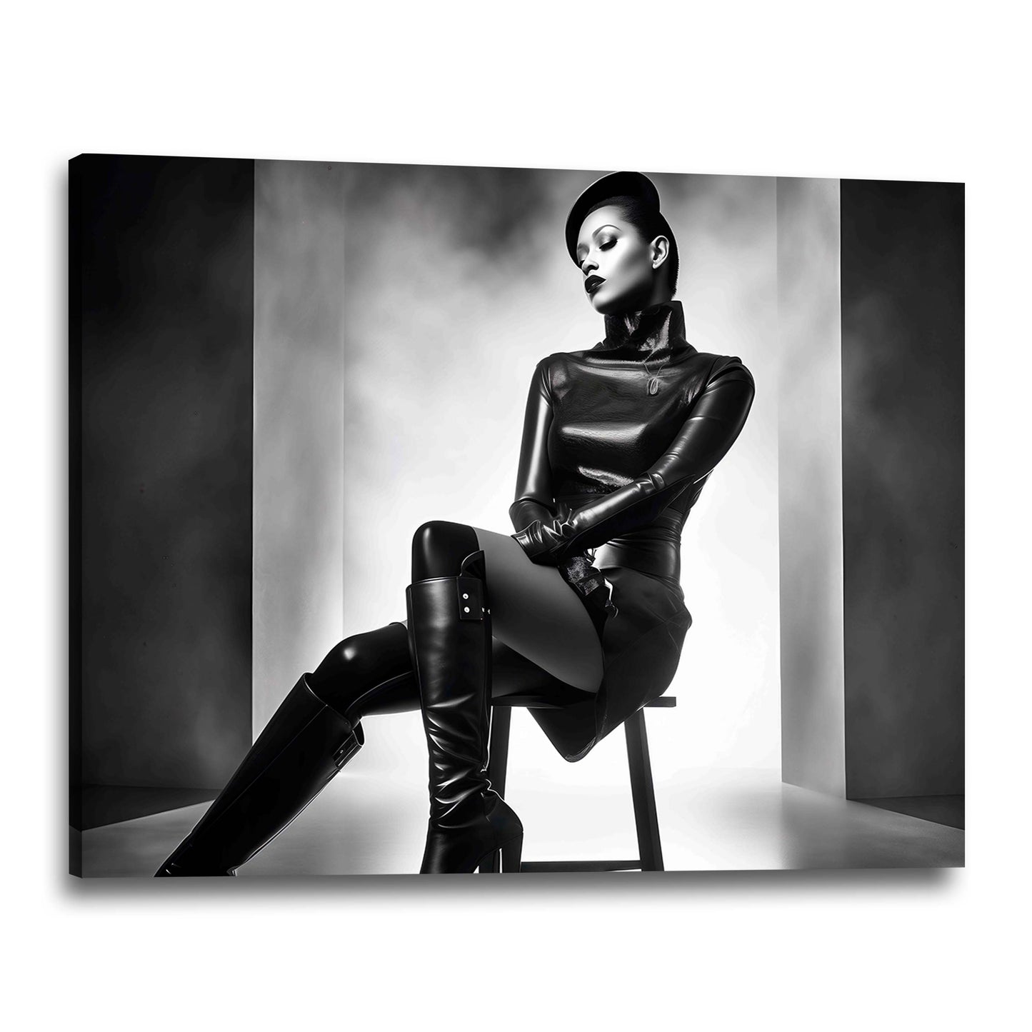 Model auf Stuhl Frau im futuristischen Studio schwarz weiß Wandbild