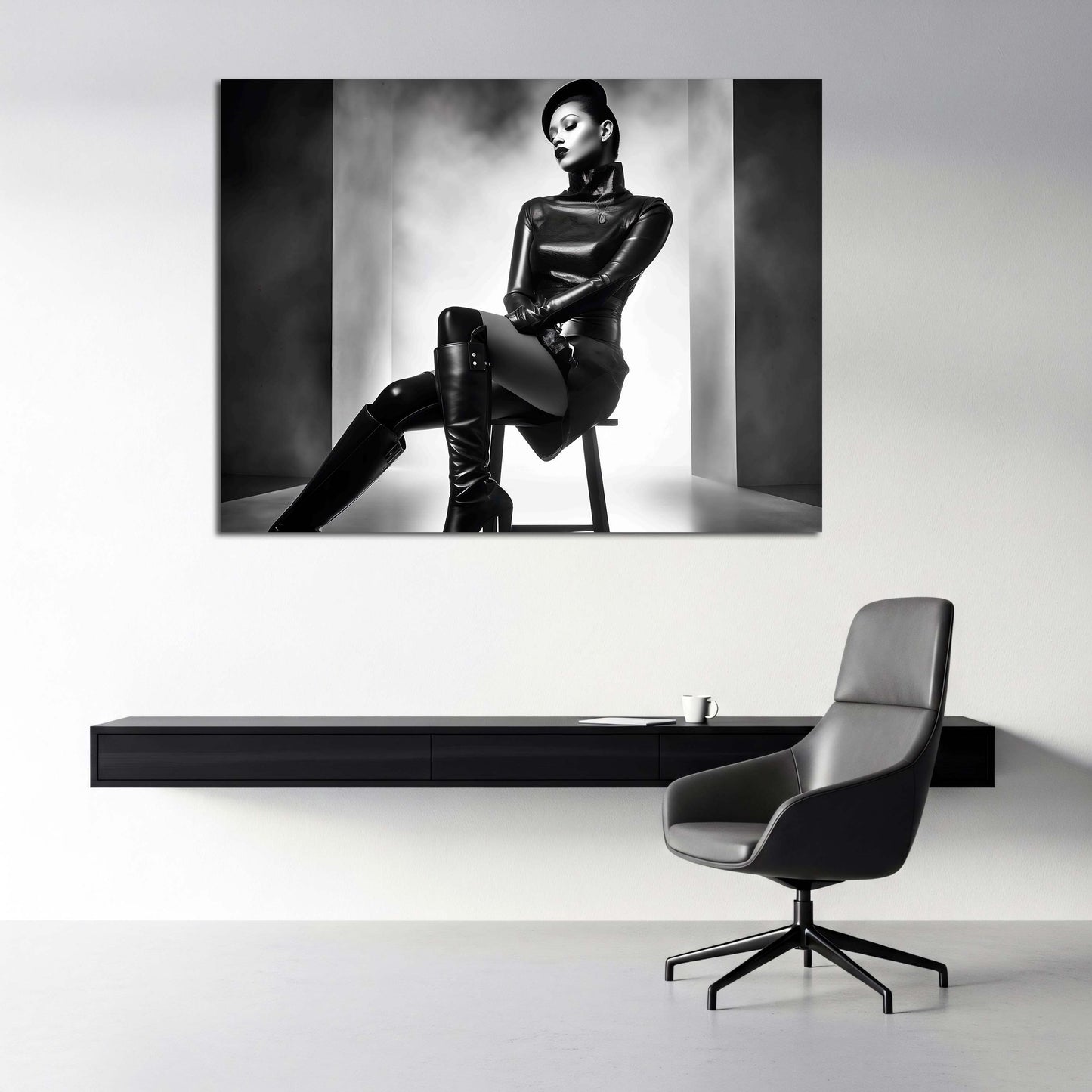Model auf Stuhl Frau im futuristischen Studio schwarz weiß Wandbild