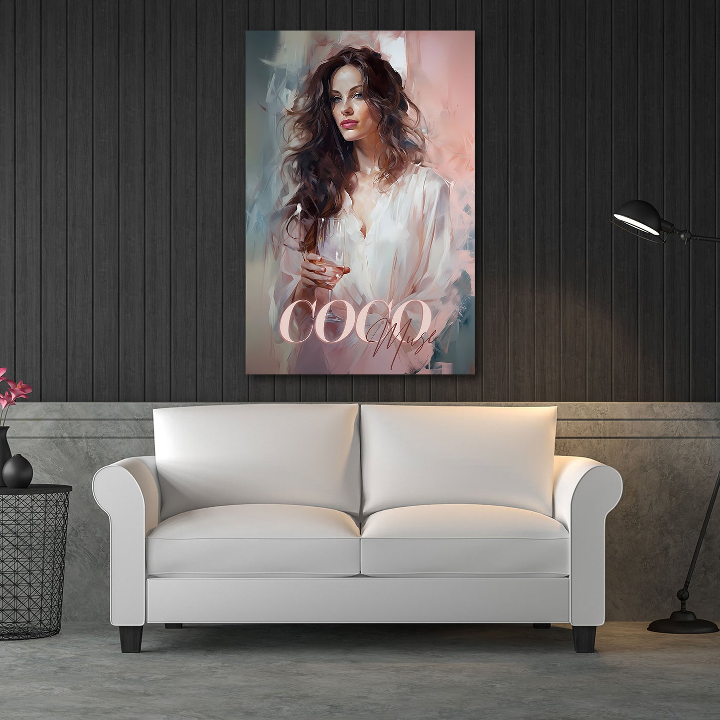 Frau in Weiß mit Wellenhaar stilvoller Blick Wandbild