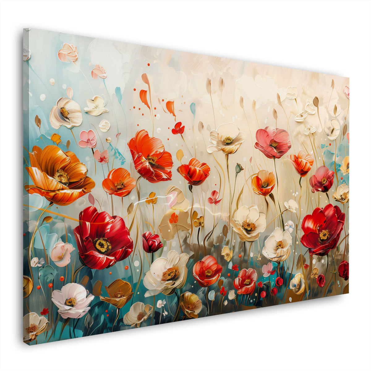 Wandbild Mohnblüten in Rot und Creme vor hellem Hintergrund auf Leinwand