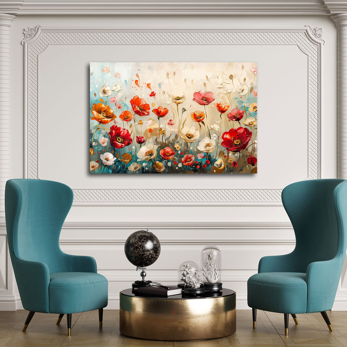 Blumen Wandbild mit roten Mohnblüten über dem Sofa im Wohnzimmer