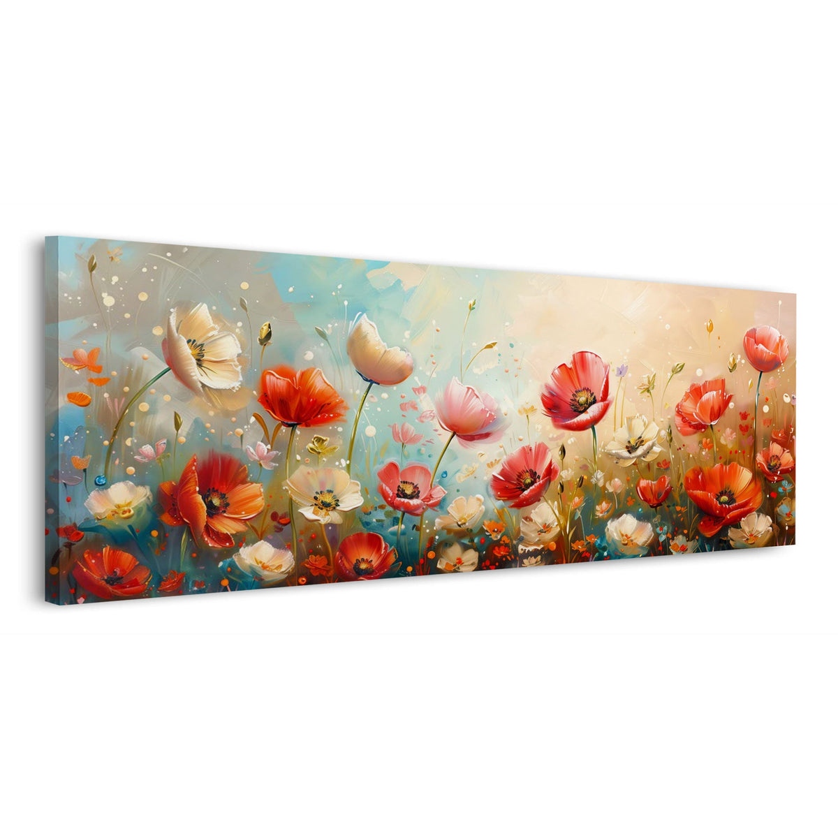 Panorama Wandbild Mohnblumenwiese in Rot und Creme auf Leinwand