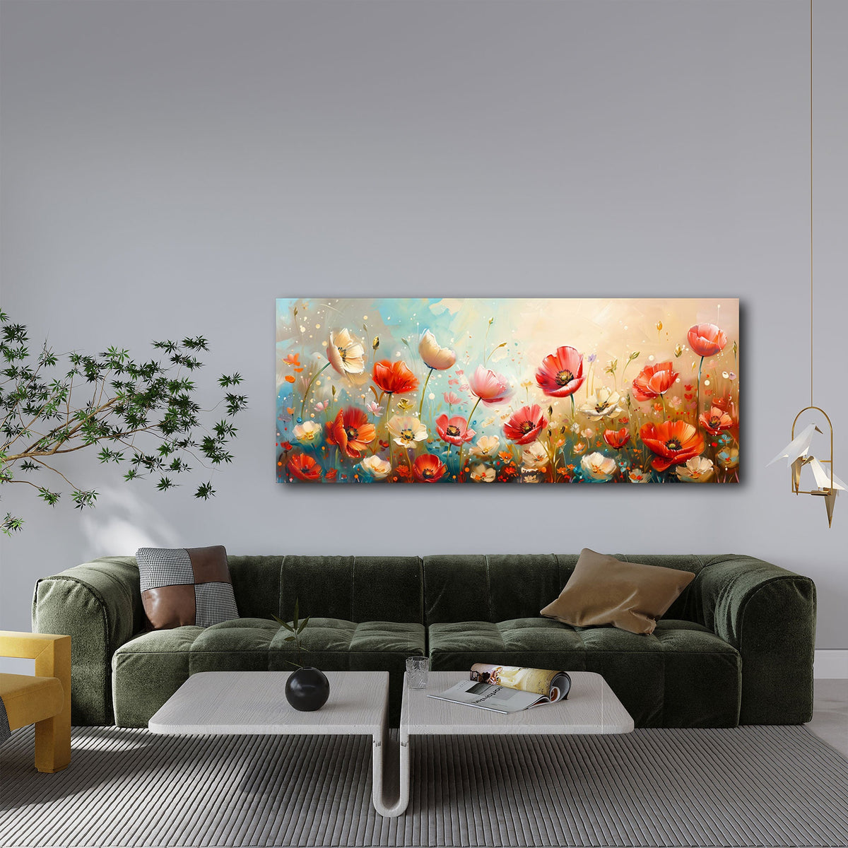 Mohnblumen Panoramabild über dem Sofa im hellen Wohnzimmer