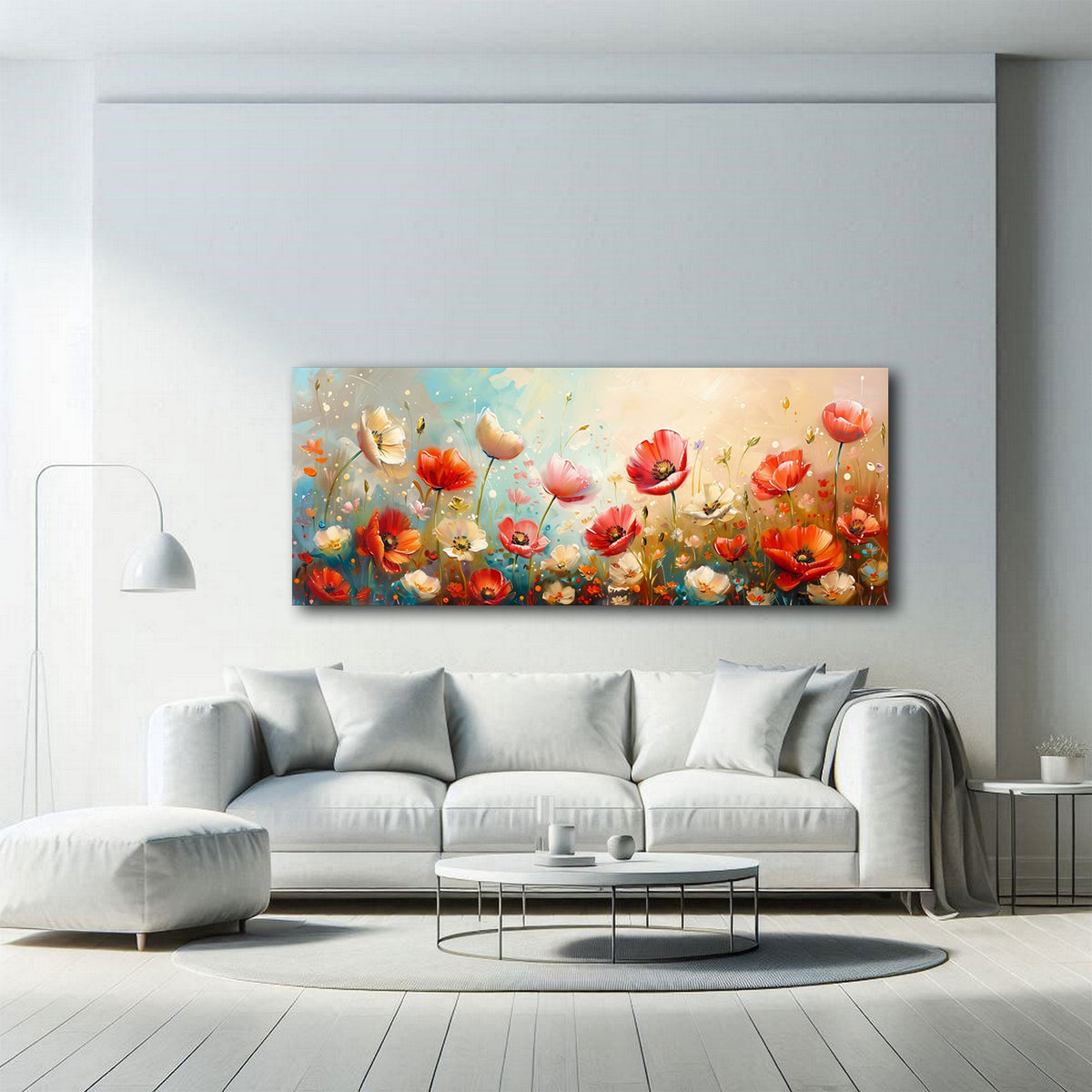 Detailansicht Mohnblumenwiese Wandbild mit roten und cremefarbenen Blüten