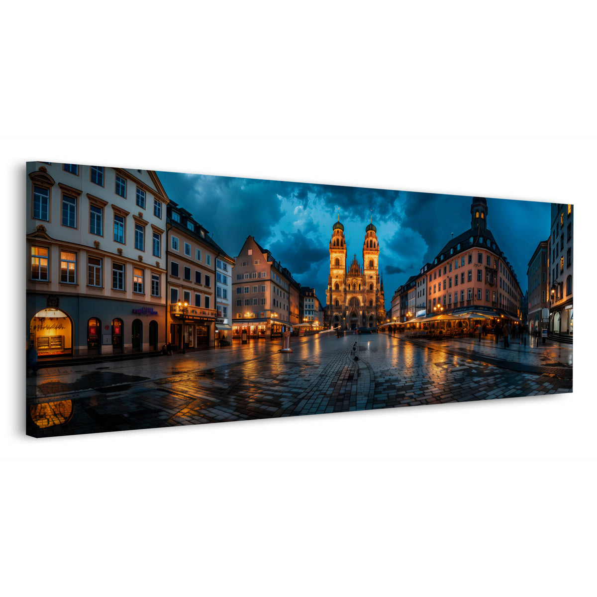 Panorama Wandbild Münchner Platz mit beleuchteter Kirche am Abend