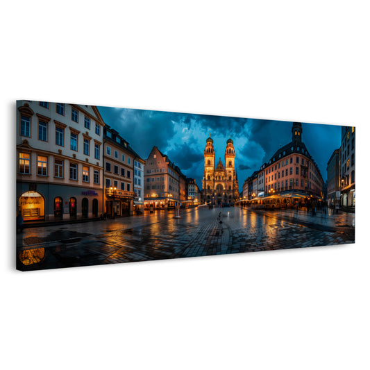 Panorama Wandbild Münchner Platz mit beleuchteter Kirche am Abend