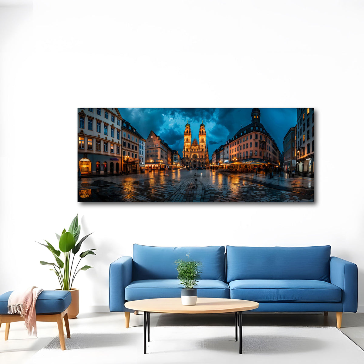 Breites Städte Wandbild über dem Sofa im Wohnzimmer