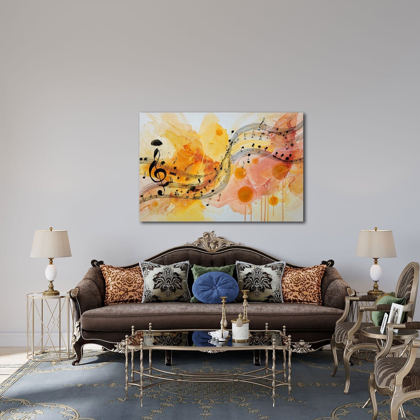 Musik Wandbild in Aquarell über dem Sofa im Wohnzimmer