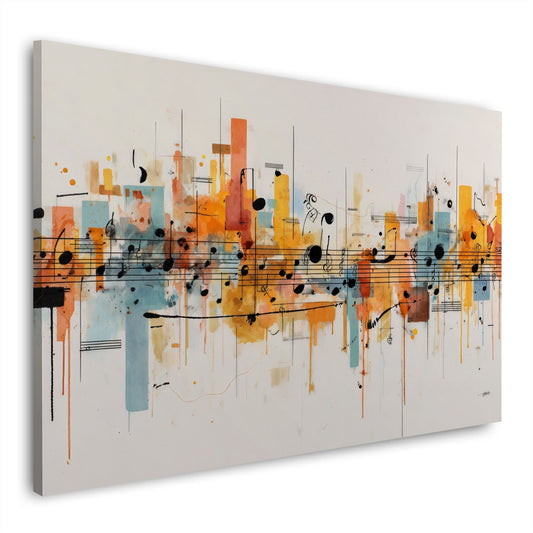 Abstrakte Musiknoten mit Balkenformen in Orange und Hellblau – Wandbild im Querformat