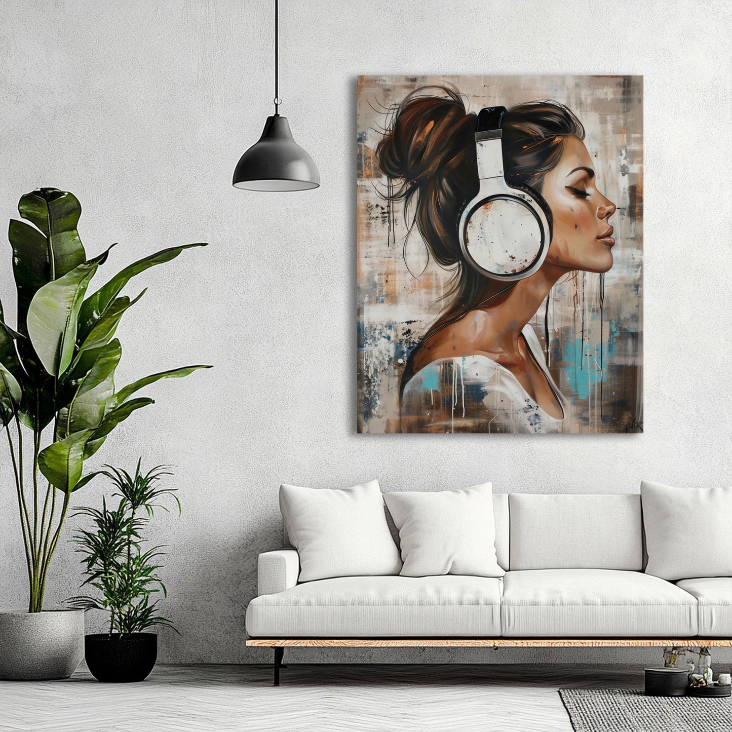 Frau mit Over-Ear-Kopfhörern Wandbild im Wohnzimmer