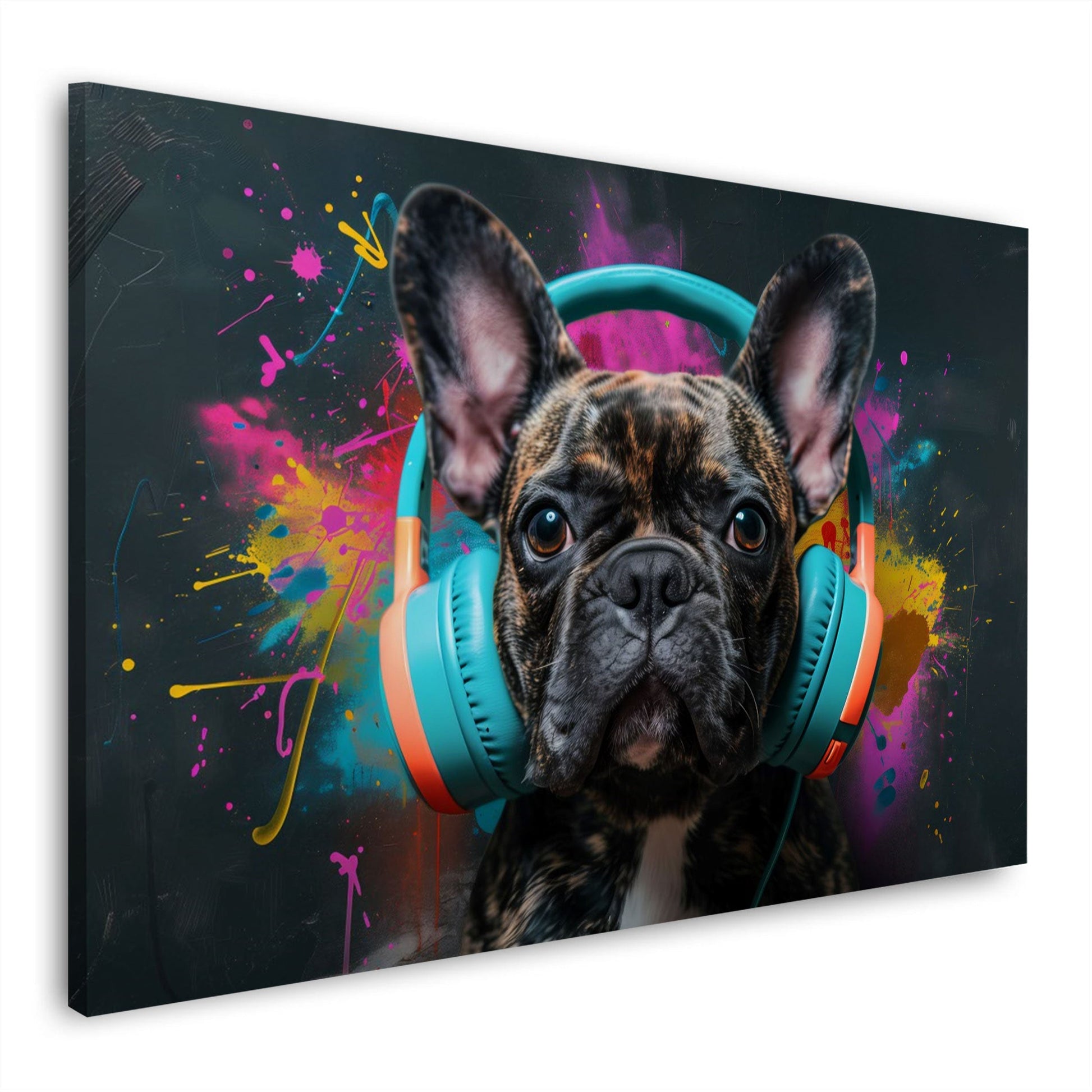 Französische Bulldogge mit türkis-orangen Kopfhörern und Neonfarben – Wandbild im Querformat