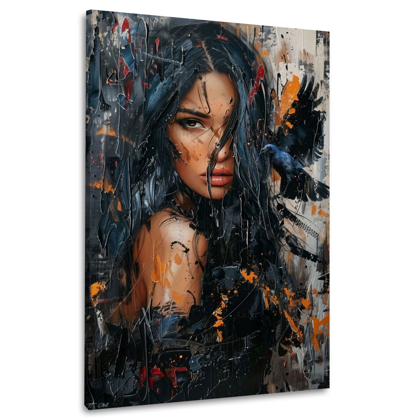 Mystische Frau mit Vogel und Farbspritzern Wandbild