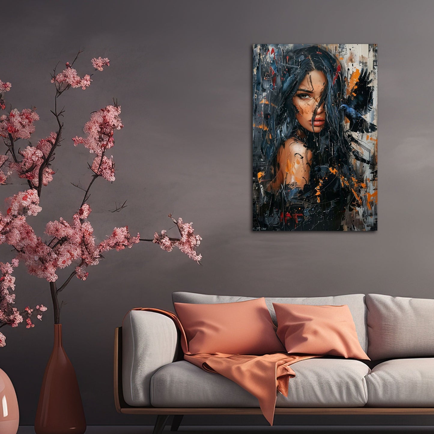 Mystische Frau mit Vogel und Farbspritzern Wandbild