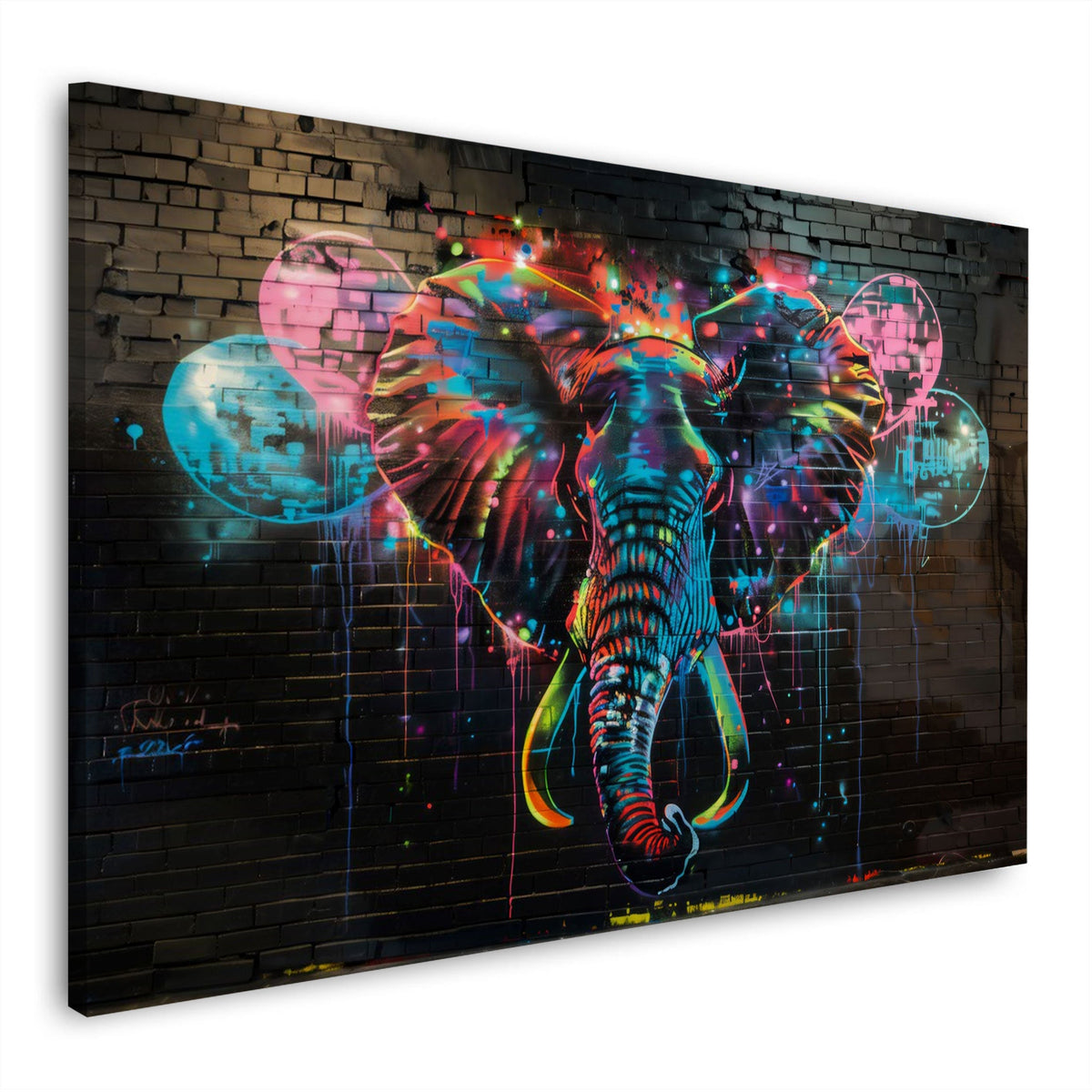 Wandbild neonbunter Elefantenkopf auf dunkler Backsteinwand