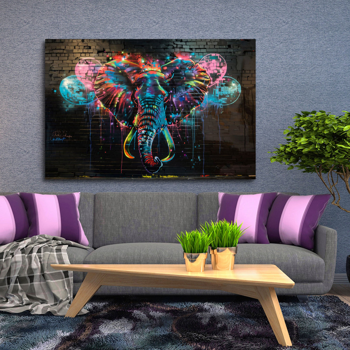 Neon Graffiti Elefant Wandbild über dem Sofa im Wohnzimmer