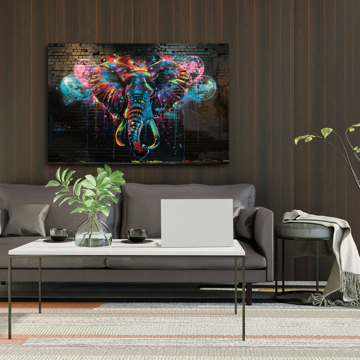 Detailansicht Elefanten Wandbild mit Neonfarben und Farbläufen