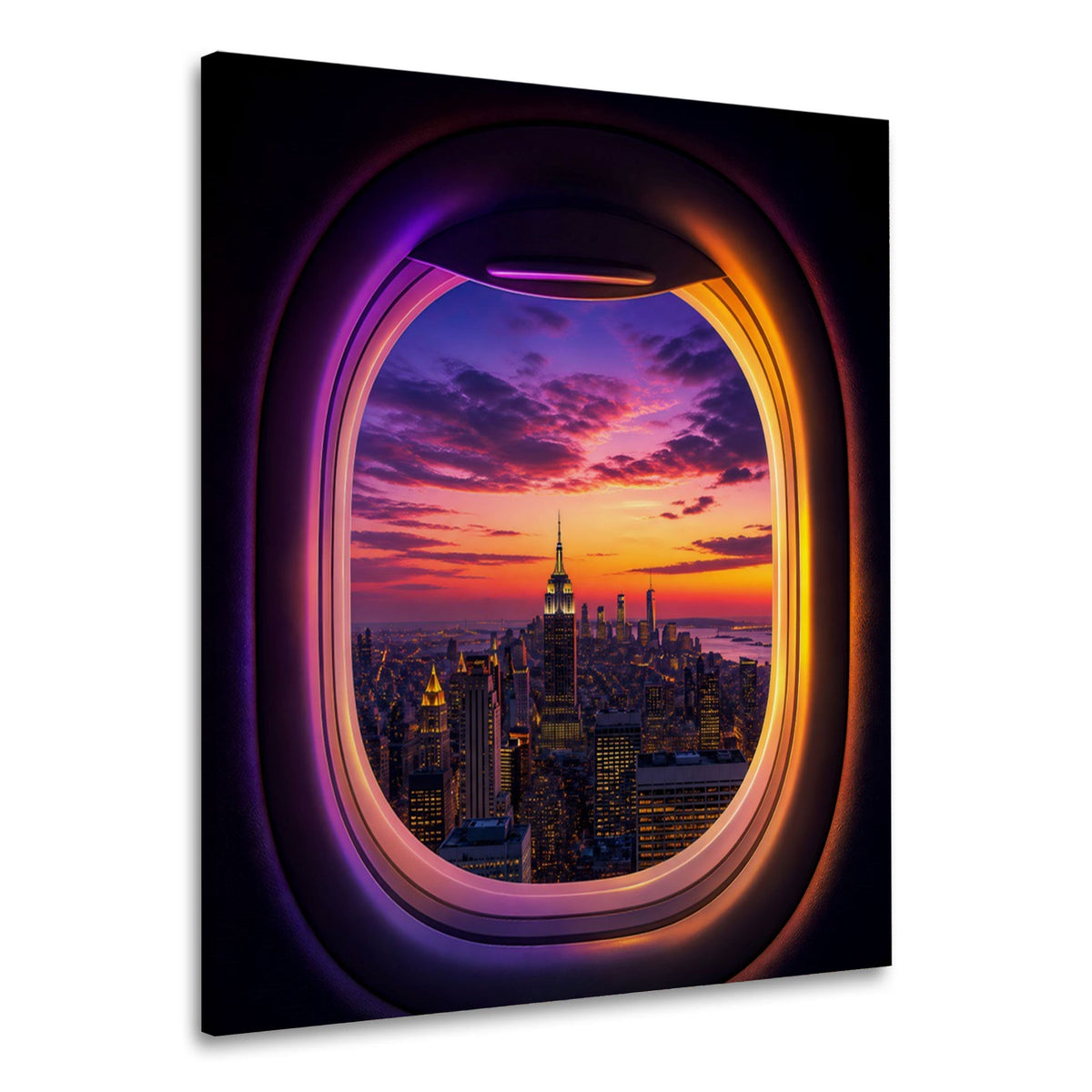 Wandbild mit New York Skyline bei Abendrot aus dem Flugzeugfenster