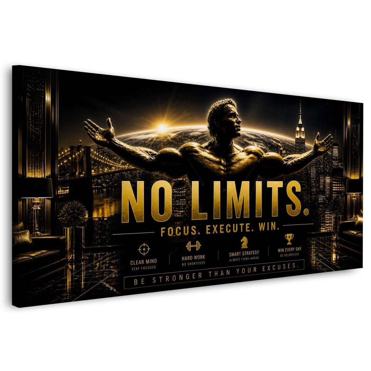 No Limits Motivationsbild mit Bodybuilder vor New Yorker Skyline als Wandbild