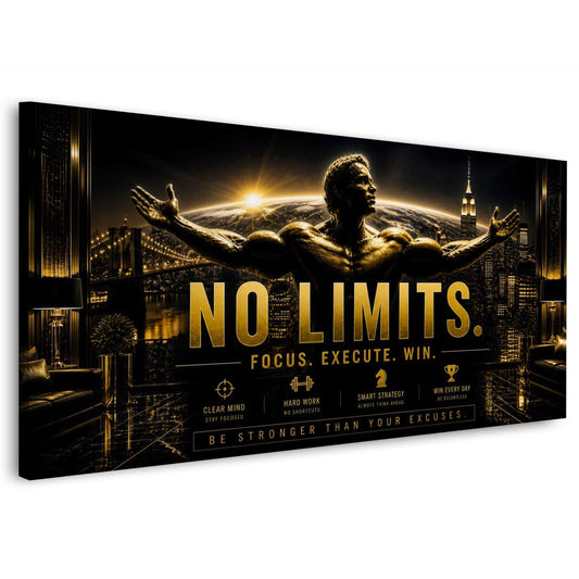 No Limits Motivationsbild mit Bodybuilder vor New Yorker Skyline als Wandbild