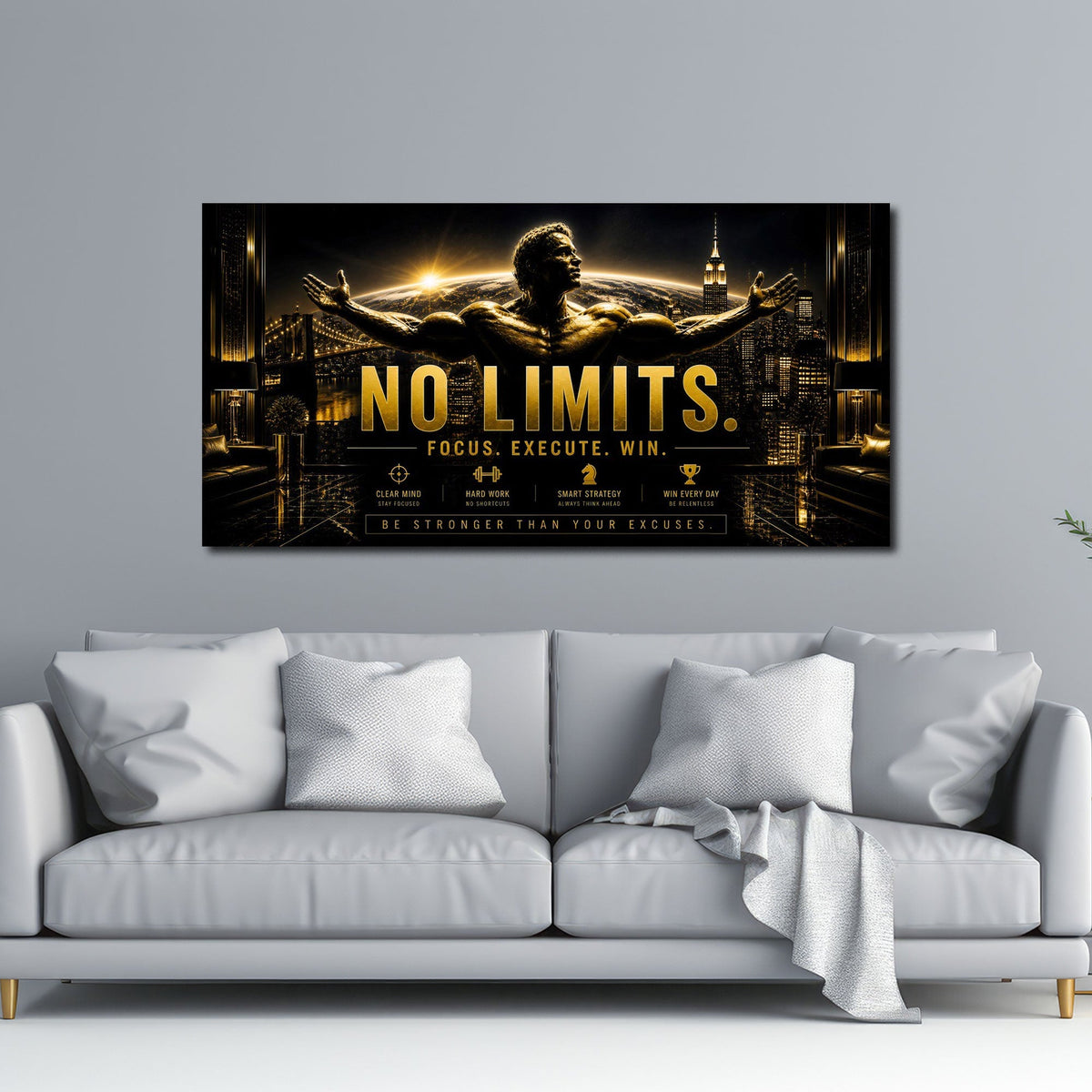 Motivations-Wandbild in Gold über dem Schreibtisch im Büro