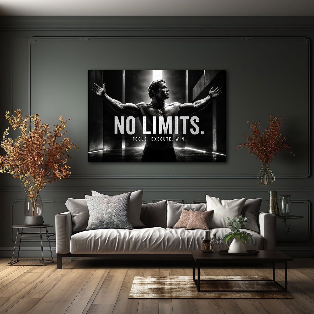 Detailansicht Motivations Wandbild mit Schriftzug Focus Execute Win