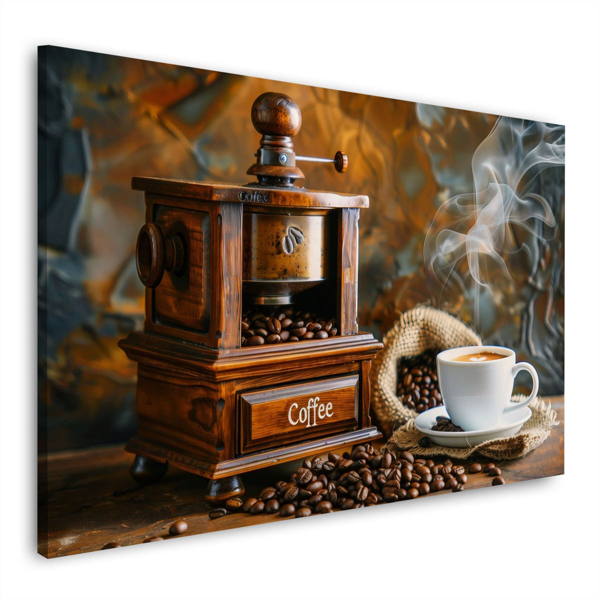 Nostalgische Kaffeemühle mit Espressotasse und Bohnen als Wandbild