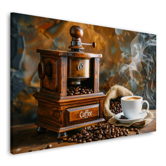 Nostalgische Kaffeemühle mit Espressotasse und Bohnen als Wandbild