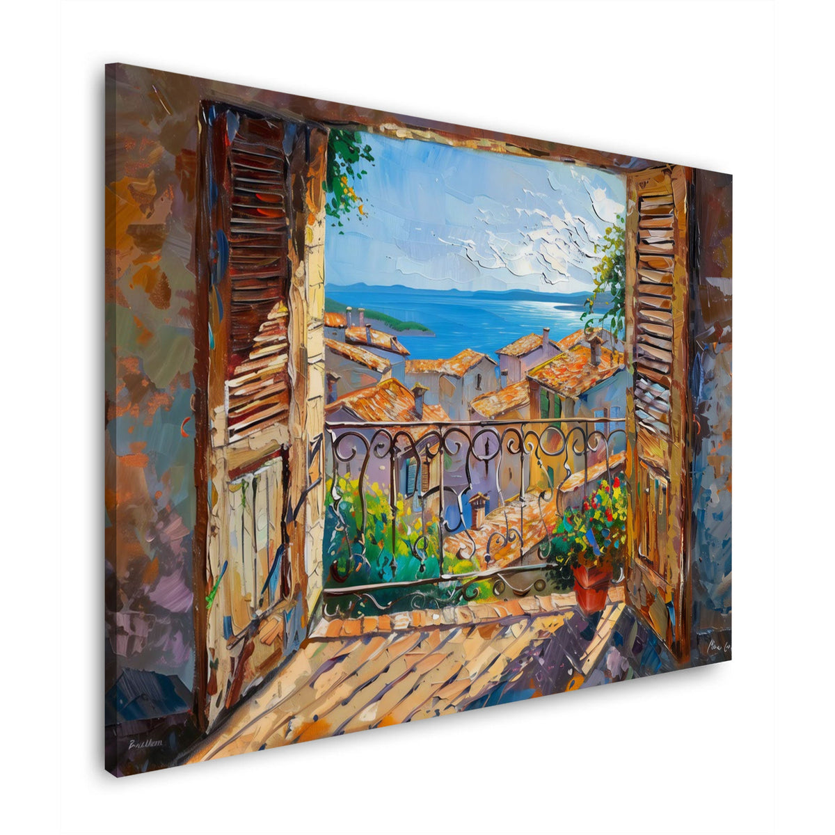 Wandbild mit offenen Fensterläden und Blick auf das blaue Meer