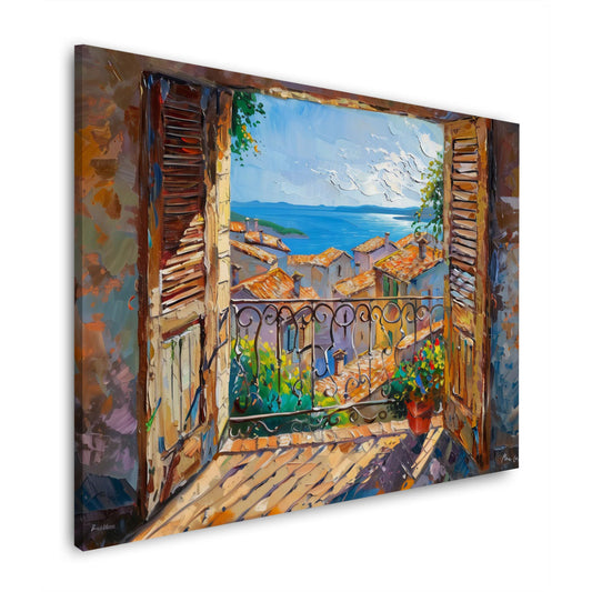 Wandbild mit offenen Fensterläden und Blick auf das blaue Meer