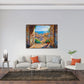 Mediterranes Fensterbild über dem Sofa im Wohnzimmer