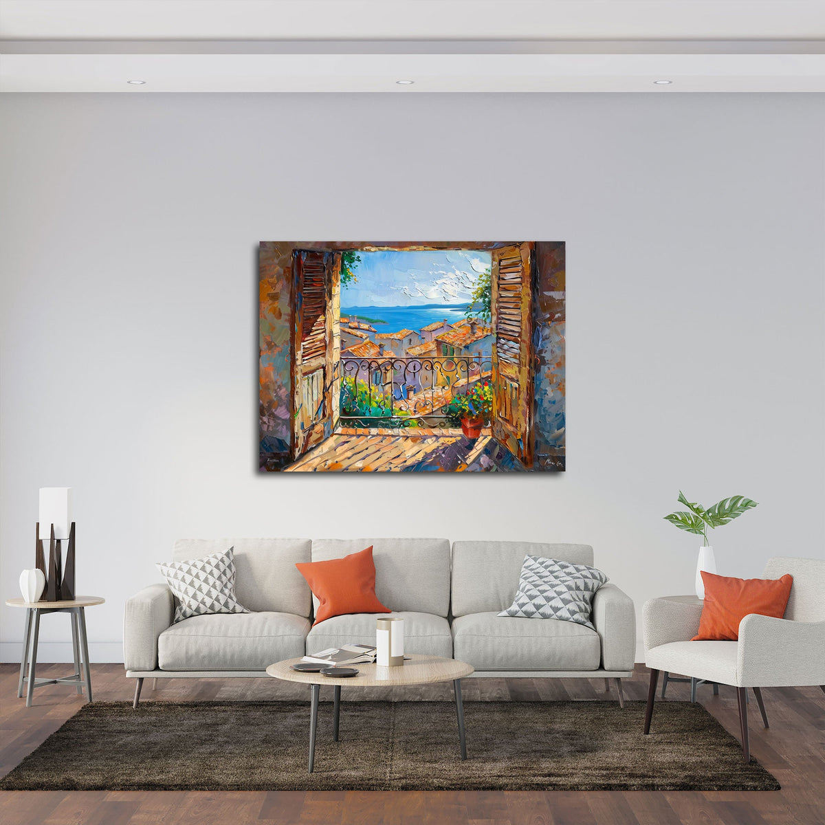 Mediterranes Fensterbild über dem Sofa im Wohnzimmer