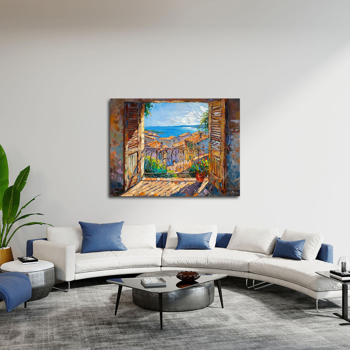 Wandbild mit Meerblick als Blickfang im hellen Wohnraum