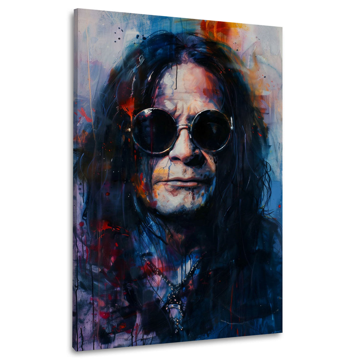 Wandbild Rockporträt mit runder Brille in Blau und Schwarz