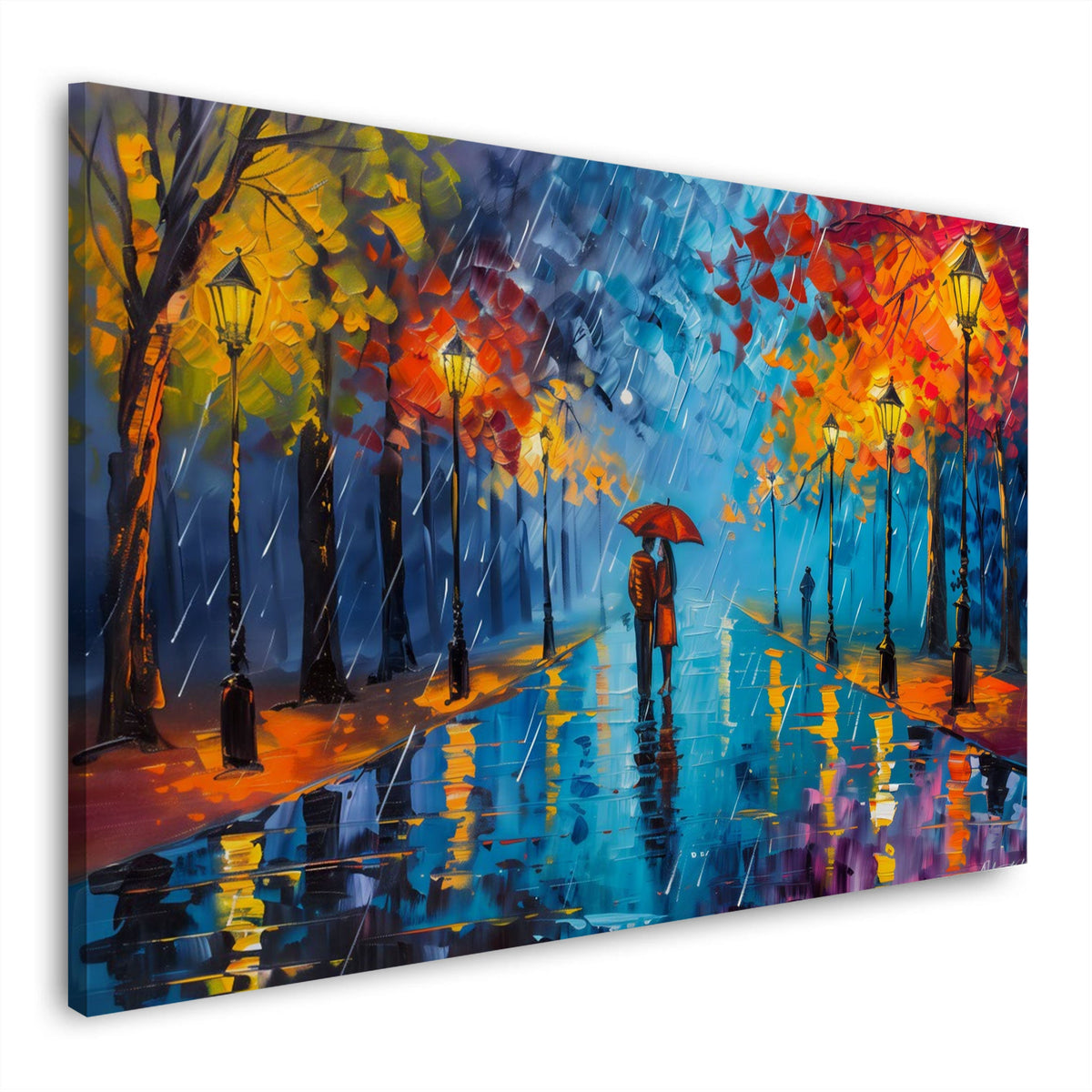 Wandbild Paar mit rotem Schirm in bunter Herbstallee im Regen auf Leinwand