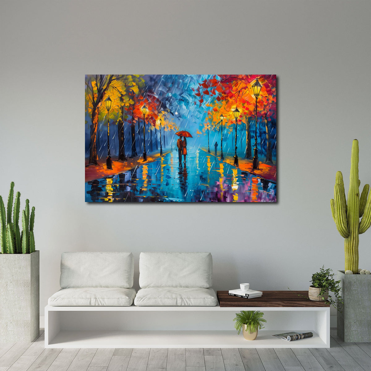 Detailansicht Wandbild Herbstallee im Regen mit roten und gelben Blättern