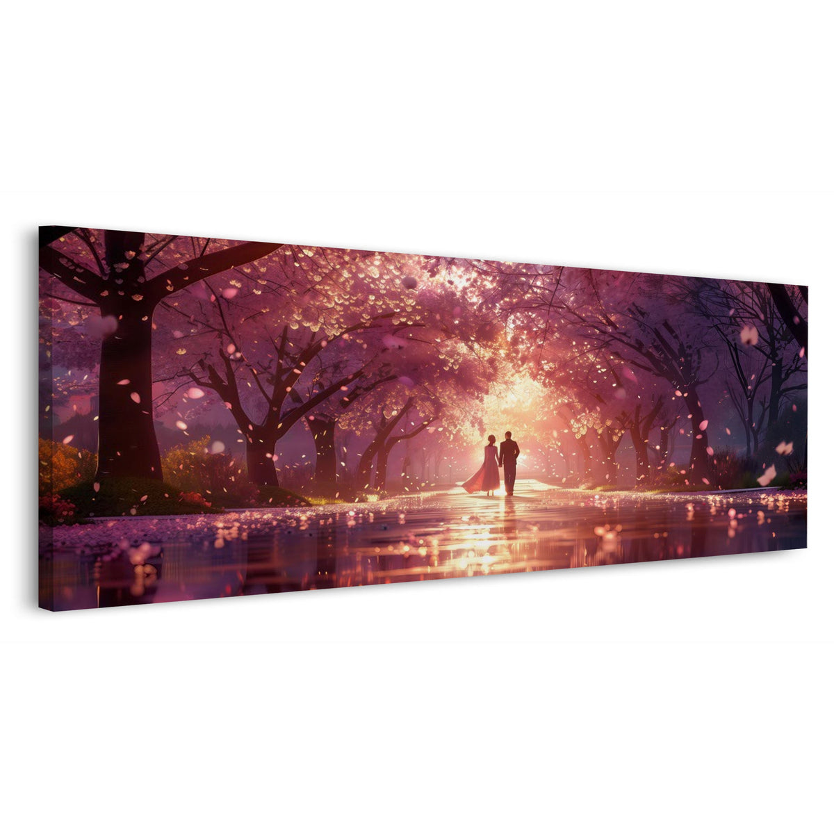 Panorama Wandbild mit Paar unter Kirschblüten im Sonnenlicht
