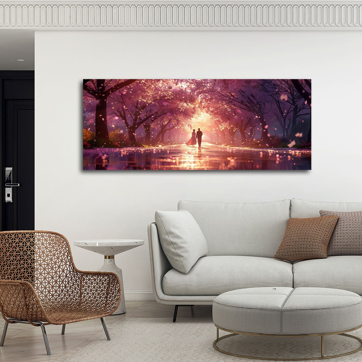 Romantisches Kirschblüten Wandbild über dem Bett im Schlafzimmer