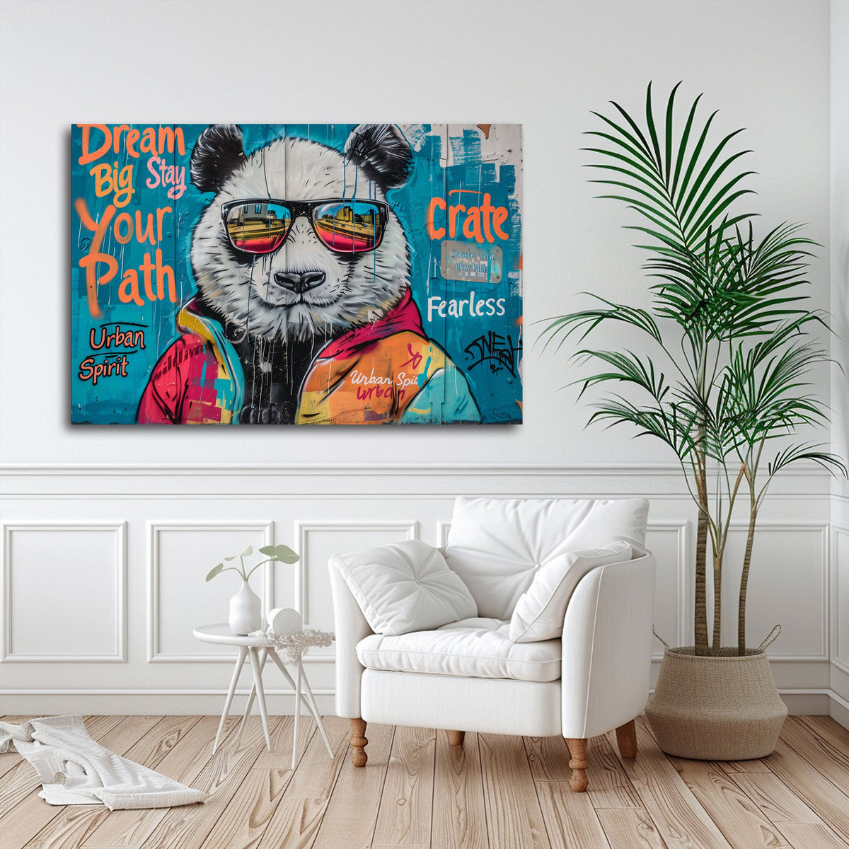 Street Art Panda Wandbild über dem Sofa im Wohnzimmer