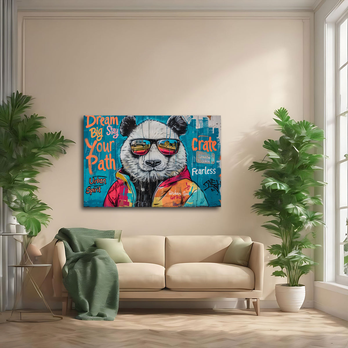 Detailansicht Panda Wandbild mit Spiegelbrille und Schriftzügen
