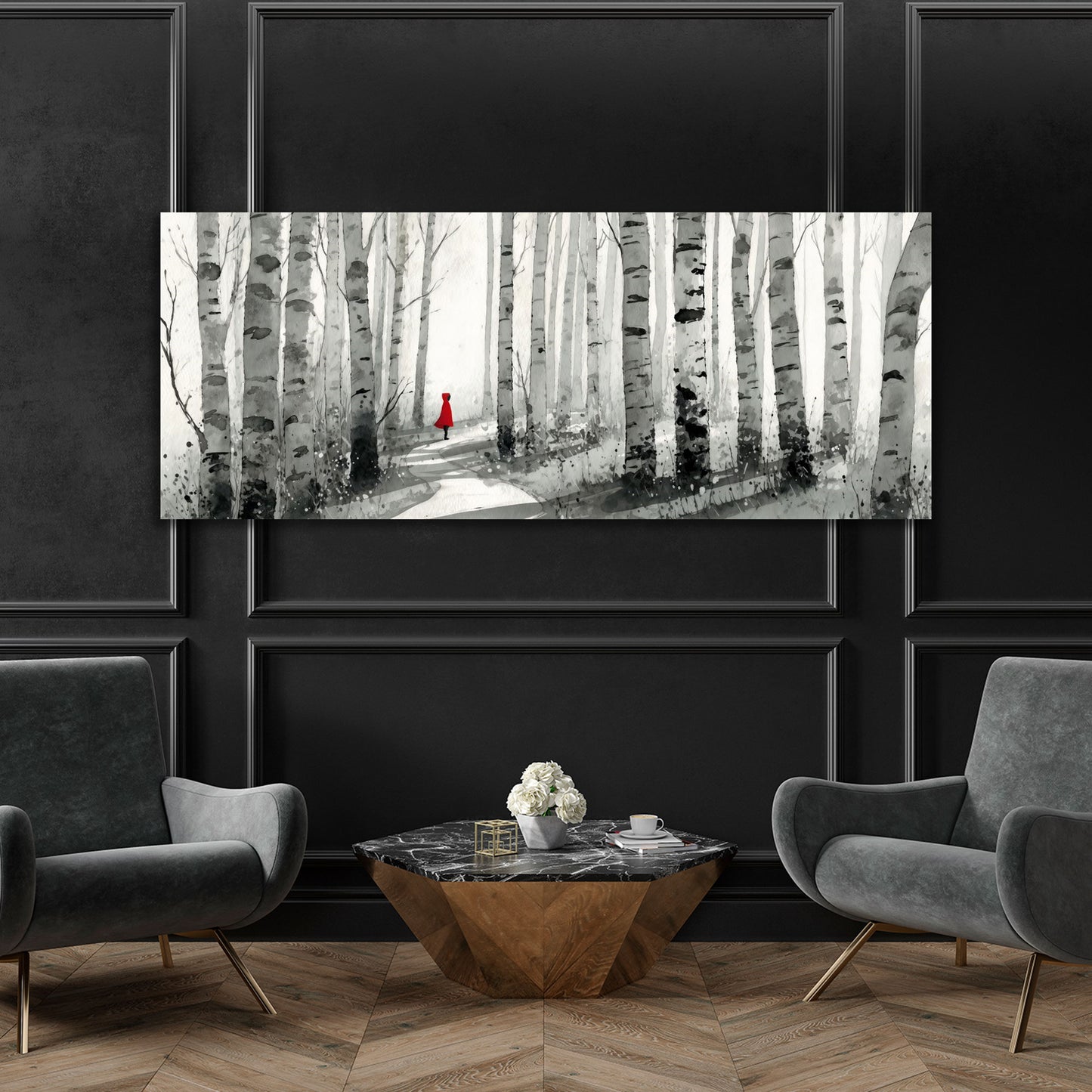 Panorama Birkenwald mit Weg kleine Figur im roten Mantel Wandbild