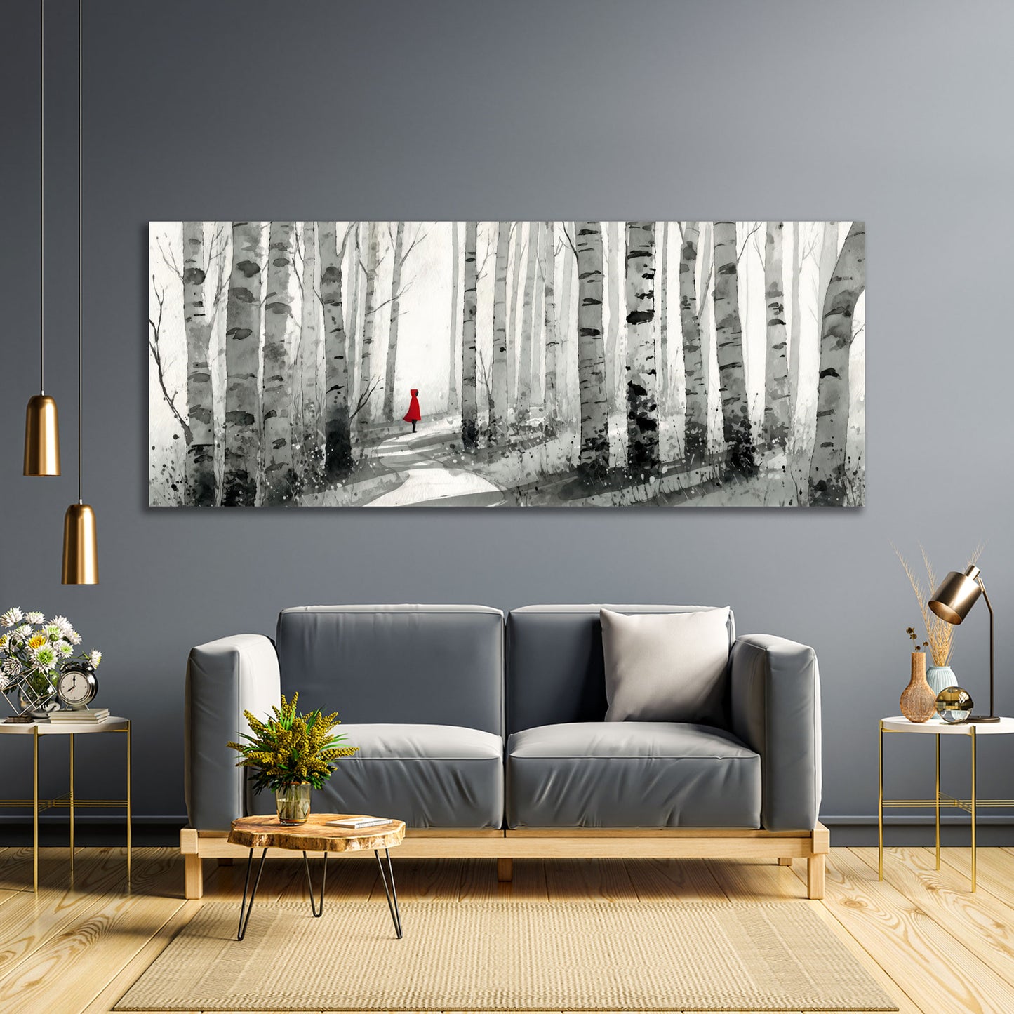 Panorama Birkenwald mit Weg kleine Figur im roten Mantel Wandbild