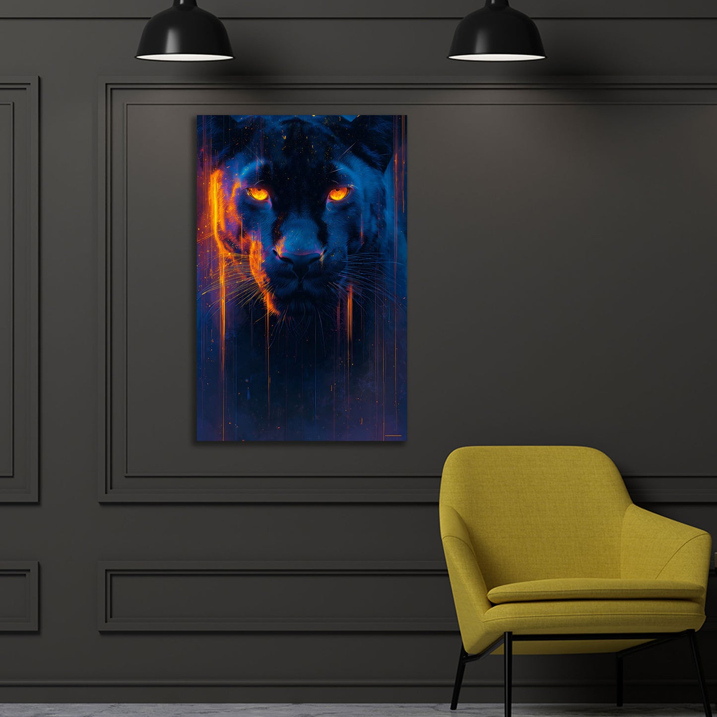 Panther Porträt mit leuchtenden Augen Neon Licht Wandbild