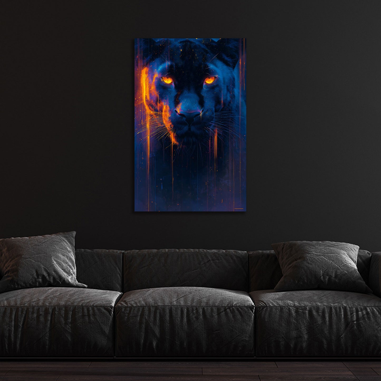 Panther Porträt mit leuchtenden Augen Neon Licht Wandbild