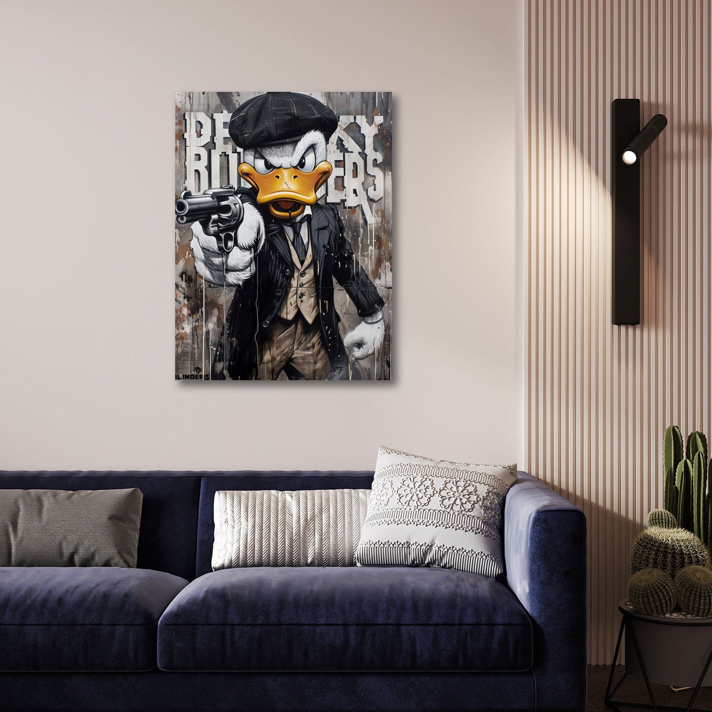 Ente mit Schiebermuetze und Revolver Wandbild Detailansicht