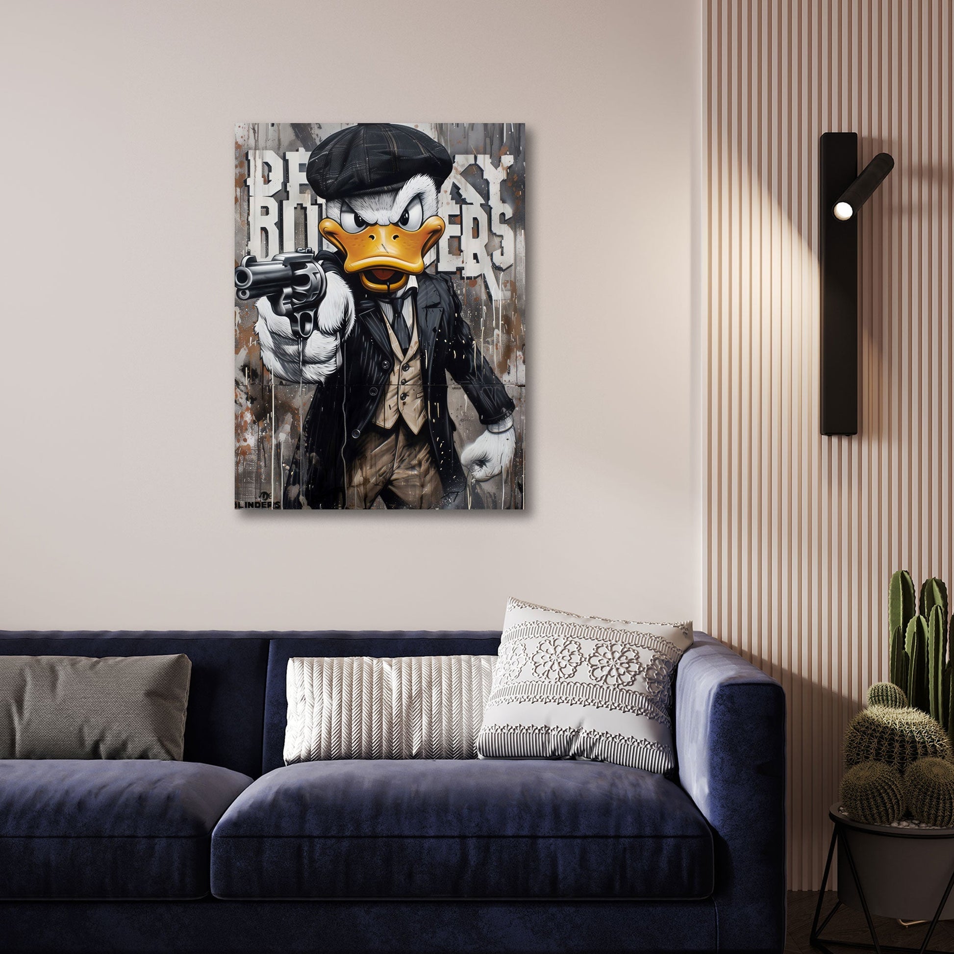 Ente mit Schiebermuetze und Revolver Wandbild Detailansicht