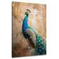 Pfau im Profil mit blau-türkisem Gefieder vor goldenem Grund – Wandbild im Hochformat