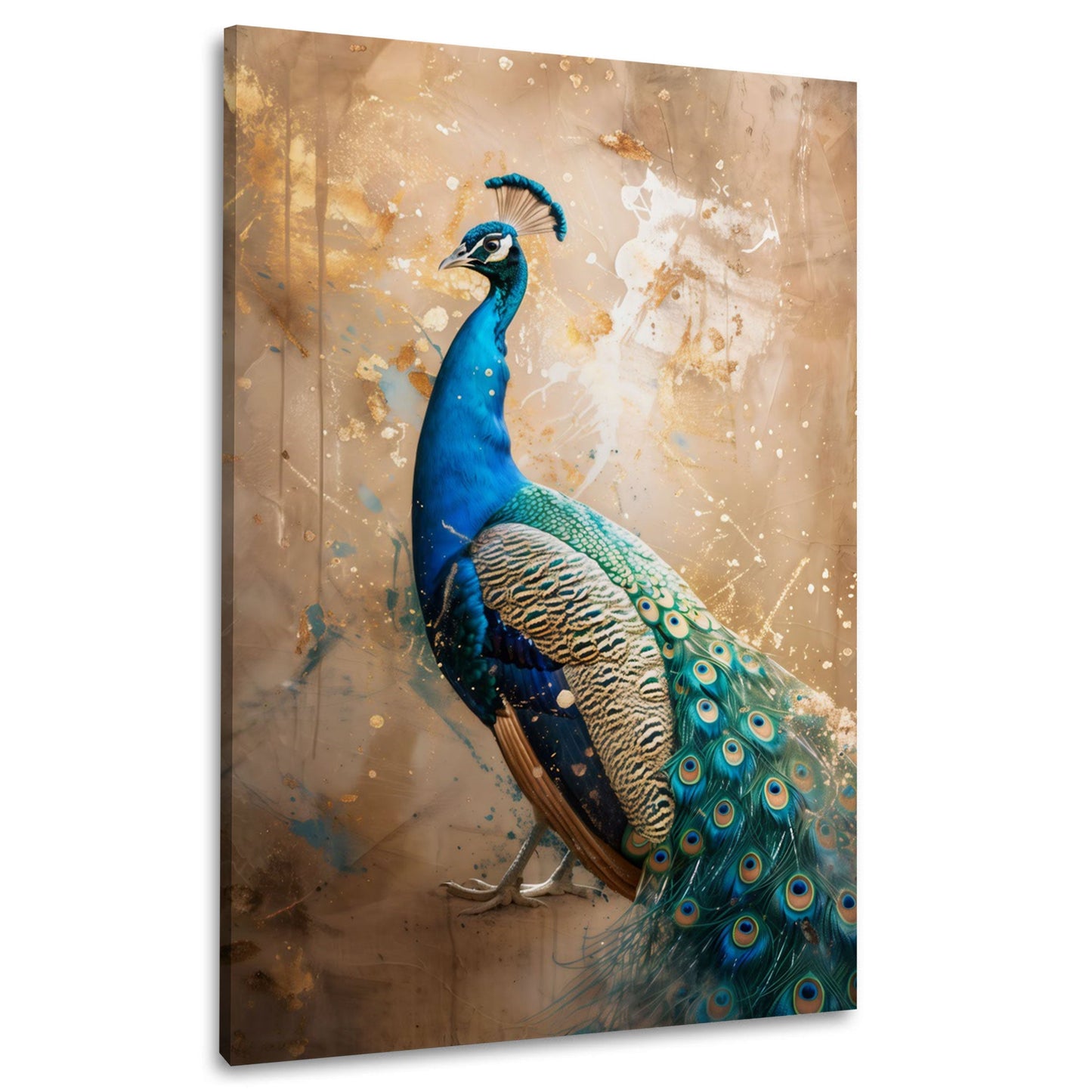 Pfau im Profil mit blau-türkisem Gefieder vor goldenem Grund – Wandbild im Hochformat