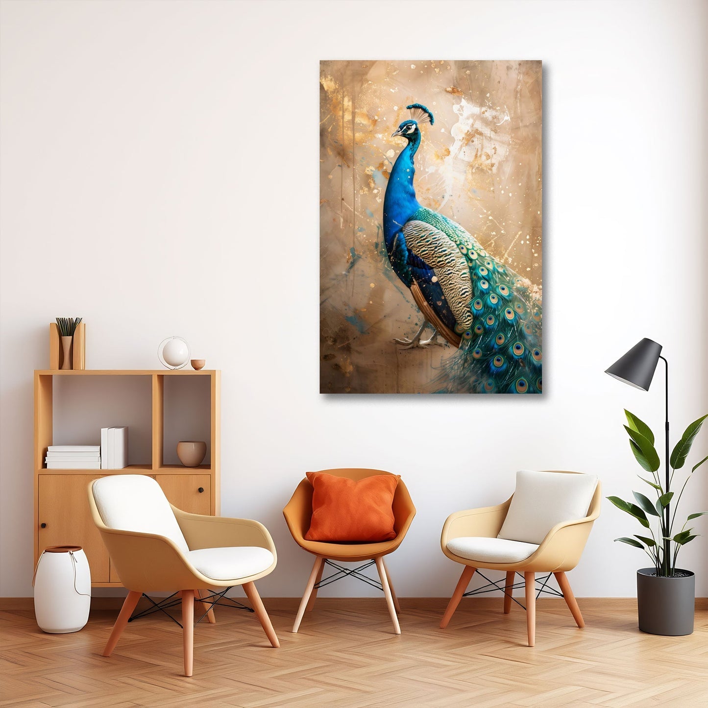 Pfau Wandbild in Blau und Gold über dem Sofa im Wohnzimmer